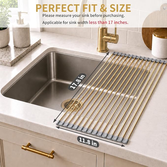 Gold Roll Up Dish Drying Rack Over Sink, Foldable Stainless Steel Drainer Non-Slip Sink Drying Rack Sink Accessories for Kitchen Countertop (17.8×11.8in)