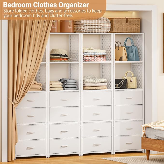 3IngSeagulls Closet Drawer Organizer, Freestanding Closet System with 4 Drawers, Walk-in Closet Storage Unit with Wooden Top & 2-Tier Shelves for Small Closets, Tall Bookshelf Storage Cabinet, White