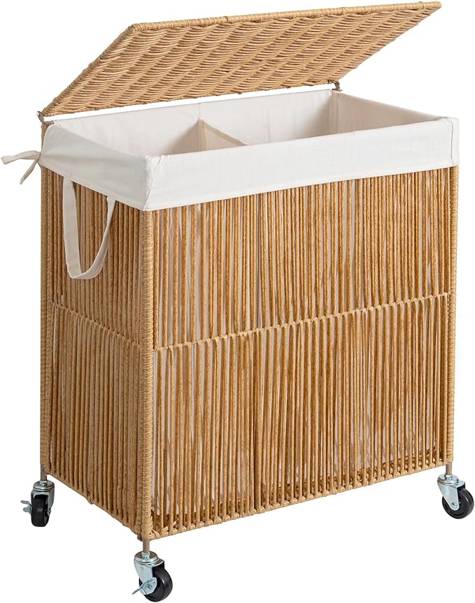 WOWLIVE Rolling Laundry Basket Wheels, Handwoven Laundry Hamper with Lid | Double Clothes Hamper with Divided Removable Bag, 115L Large Laundry Sorter 2 Section, Laundry Room Organization, Natural