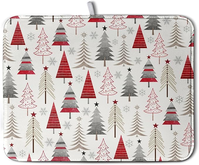 Christmas Dish Drying Mats for Kitchen Counter Xmas Tree Drying Mat Winter Holiday Dishes Drying Pad Microfiber Absorbent Dish Draining Mat Washable Dish Drainer Rack Mat 18x24 Inch