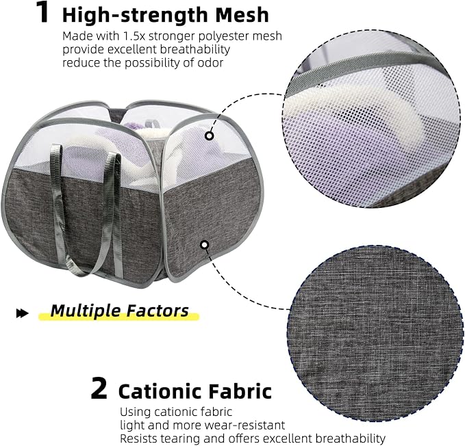 Collapsible Laundry Basket, 90L Tear Proof Mesh Pop-up Hamper 2PCS | Foldable Storage Clothes Bag with Reinforced Handles for Laundry, Bathroom, Dorm, Travel, Camping, Space-saving, Gray