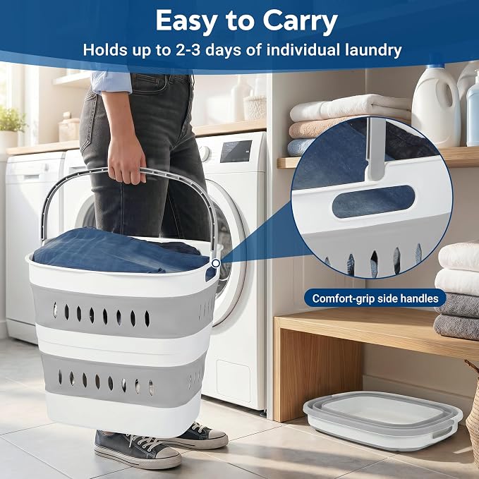 46L/12 Gal Collapsible Laundry Baskets, Foldable Hamper with Handles, Plastic Pop Up Storage Container for Laundry, Home, Dorm, Travel - Gray/White, Set of 2