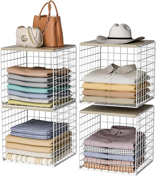 Hencawima 4 Pack Closet Organizers and Storage with Wood Top, Stackable Closet Shelf Organizer, Double Storage Design, Clothes Storage Basket/Cube Organizer for Wardrobe, Sturdy, White