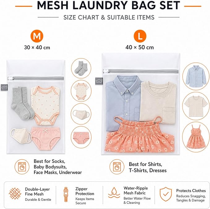 Laundry Bags Mesh Wash Bag, Mesh Bag for Laundry, 1L+1M | shoe washing bag for socks, activewear, baby clothes and small garments to reduce tangling