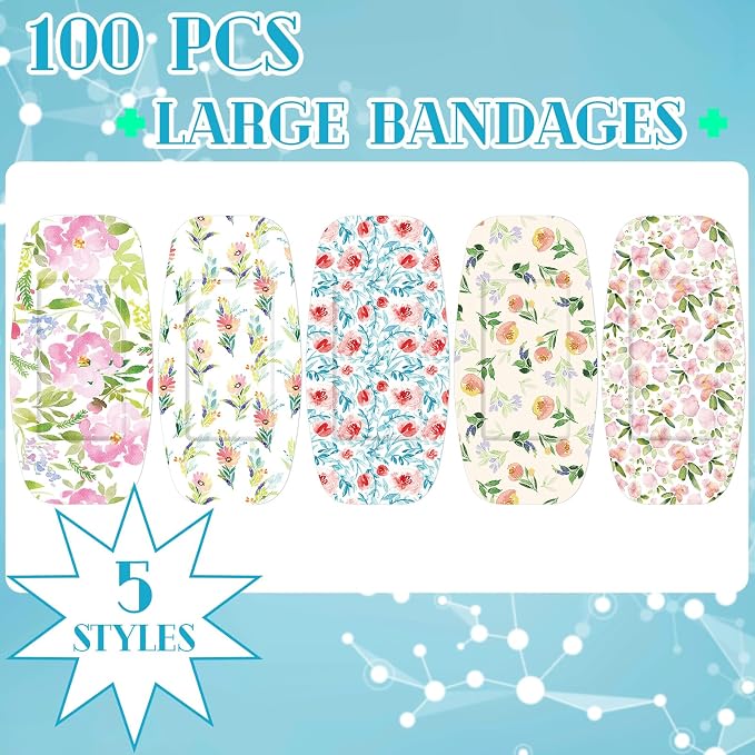 Sinmoe 100 Pcs Large Bandages 2 x 4 Inch Latex Free Big Adhesive Flower Wound Care Flexible Fabric Bandages for Care and Protect Wounds