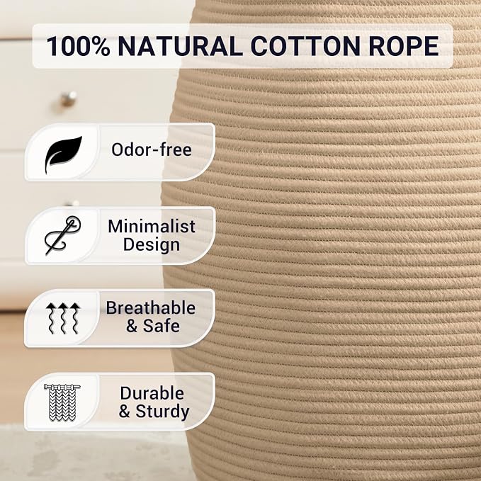 Large Laundry Hamper Basket 65L Woven Blanket Basket, Brown | Tall Clothes Hamper, Rope Wicker Laundry Basket, Storage Basket for Toys, Dirty Cothes in Bedroom, Living Room Organizer
