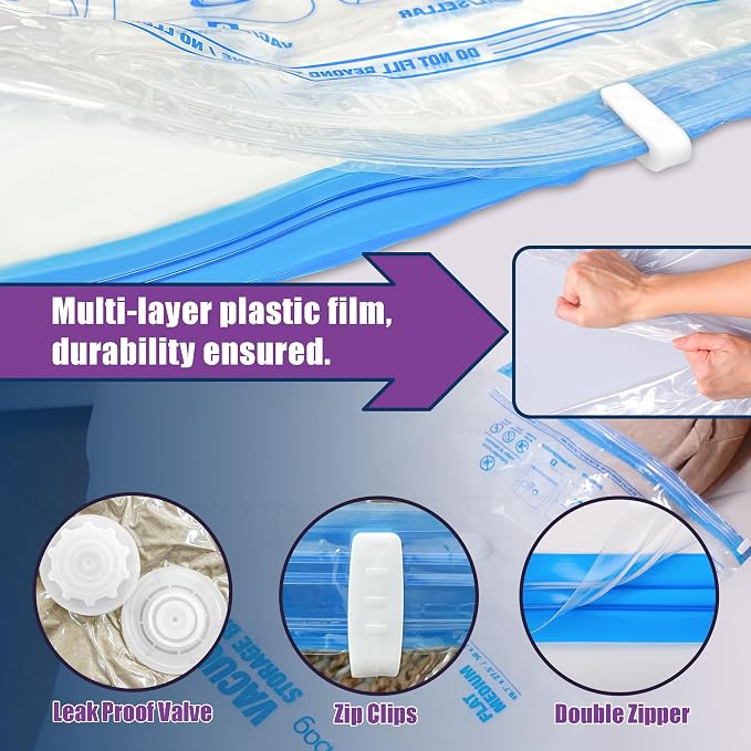 XXL Jumbo Vacuum Seal Storage Bags Extra Large for Clothing Bedding | 47''X35'', Airtight Triple Seal, Save 80% Space, Hand Pump, Work with Vacuum, Double Zip, Reusable, Easy to Use, 8 pack