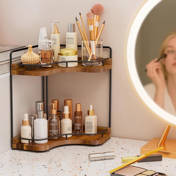 2-Tier Corner Bathroom Counter Organizer, Larger Size | Embedded Screw Holes, Sturdy & Stable, Oversized, Holds More, Vanity Shelf for Makeup & Skincare, Acacia wood-Brown