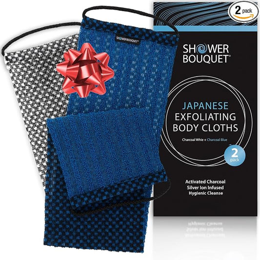 Japanese Exfoliating Washcloth for Back & Body 2-Pack - Charcoal & Silver Ion Exfoliating Towel with Handles - Two-Sided Gentle Exfoliation & Deep Cleanse Body Wash Cloths for Shower - 1 White, 1 Blue