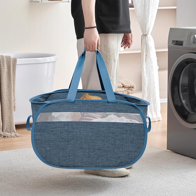 Collapsible Tear Proof Laundry Baskets with Dual Handles, Blue | 70L, Foldable, Pop up Hamper, Reinforced Durable Laundry Hamper for Home, Laundry, Bathroom, Dorm or Travel