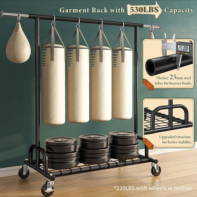 Raybee Clothes Rack Heavy Duty Load 530 LBS, Clothing Racks for Hanging Clothes, Rolling Clothing Rack, Extendable Adjustable Portable Clothes Rack, Metal Garment Rack, Black