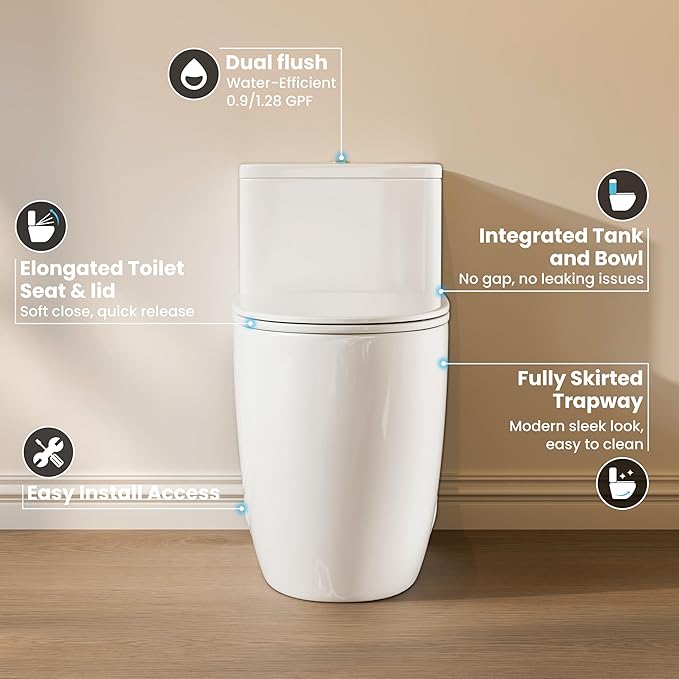 Casta Diva Elongated One Piece Toilet with 17.5" Comfort Chair Height Seat Modern Toilets for Bathroom, High Efficiency Dual Flush 1.0/1.28 GPF & MAP 1000g, 12'' Rough-in, Golden Flush Button