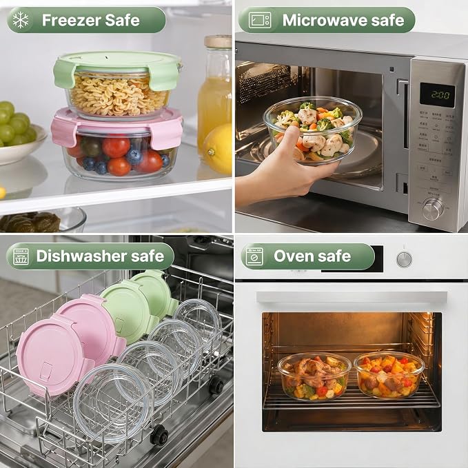 4 PACK 12oz & 22oz Round Glass Meal Prep Containers with Airtight Lids，Container Set,Food bowls for Leftover，Microwave, Dishwasher, Oven，and Freezer Safe