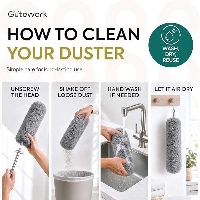 GÜTEWERK Extendable Microfiber Duster, 55 Inch - Feather Dusters for Cleaning Ceiling Fans, Blinds, Baseboards & High Ceilings - Washable, Electrostatic, 360° Bendable Head, Stainless Steel Pole