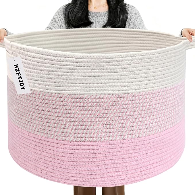 115L Extra Large Blanket Basket,Woven Laundry Basket-Mixed Pink | Collapsible, reinforced handles, nursery storage bin organizes clothes, toys and pillows for living room, bedroom bathroom
