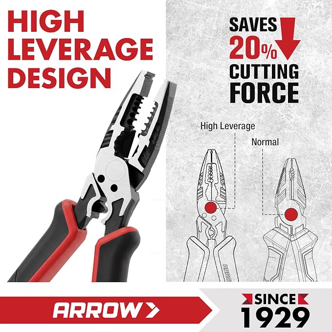 ARROW 6-in-1 Linemans Pliers, 8" Multipurpose Linesman Pliers, Side Cutters | Premium CRV Steel, Combination Pliers, For Wire Cutting, Gripping, Crimping, Stripping