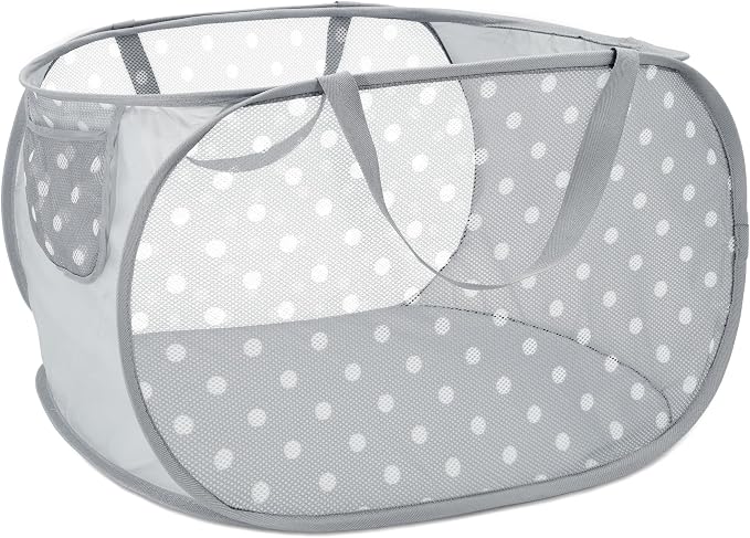Sturdy Collapsible Laundry Baskets with Side Pockets, Mesh Pop Up Laundry Hamper, Foldable Clothes Storage Hamper with Reinforced Carry Handles for Home, Dorm, Travel -Polka Dot Print, Gray