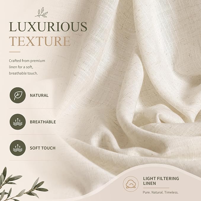 Hokibero Cream Linen Cafe Curtains 45 Inches Long for Kitchen 2 Panels | Light Filtering Semi Sheer Curtain, Back Tab Pocket Pleated Look, Short Drapes for Living Room Bedroom Window, Boho Farmhouse