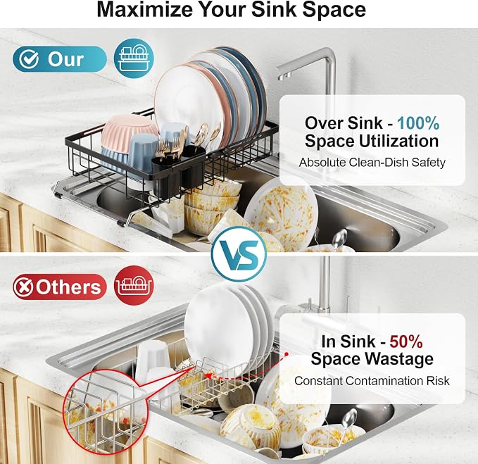 iSPECLE Over Sink Dish Drying Rack - Expandable Drainer for Kitchen, 12.7"W | Rust Resistant, Locking Knob Stability, for Small Kitchen, RV, Plates, Cups, Utensils, Black