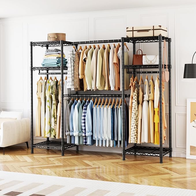 Ulif E7 Garment Rack, Heavy Duty Clothes Storage System with Extendable Hangers Rods, Metal Clothe Rack with 6 Wire Shelves, (52.3"-72") W x 14.5" D x 71.2" H, Load 838 LBS