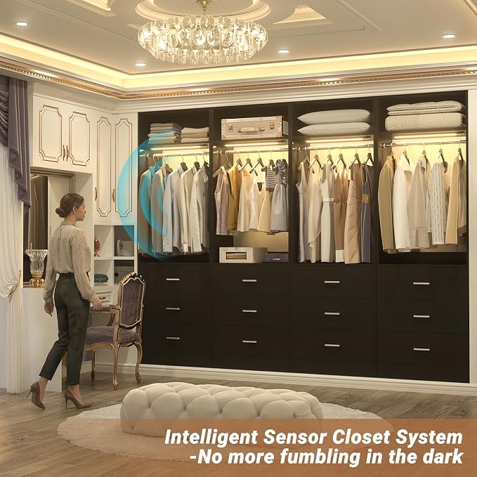 Besiost 8FT Closet System with 4 Motion Sensor LED Lights, 96" Closet Systems with 12 Drawers, Closet Organizer System with 4 Hanging Rods & 4 Shelves, Heavy Duty 96 Inch Walk-in Closet, Black