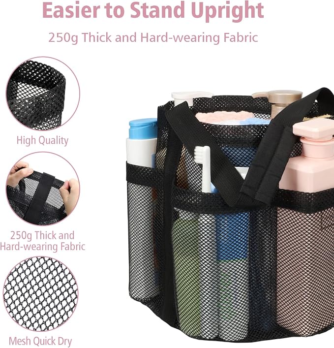 Mesh Shower Caddy Portable - 2 Packs, Large Shower Bag for Dorm, Camping | 2 Pack, S-Hook, Quick-Dry, Hanging Toiletry Organizer, College Dorm Room Essentials for Girls, Gym, Travel & Bathroom, Black