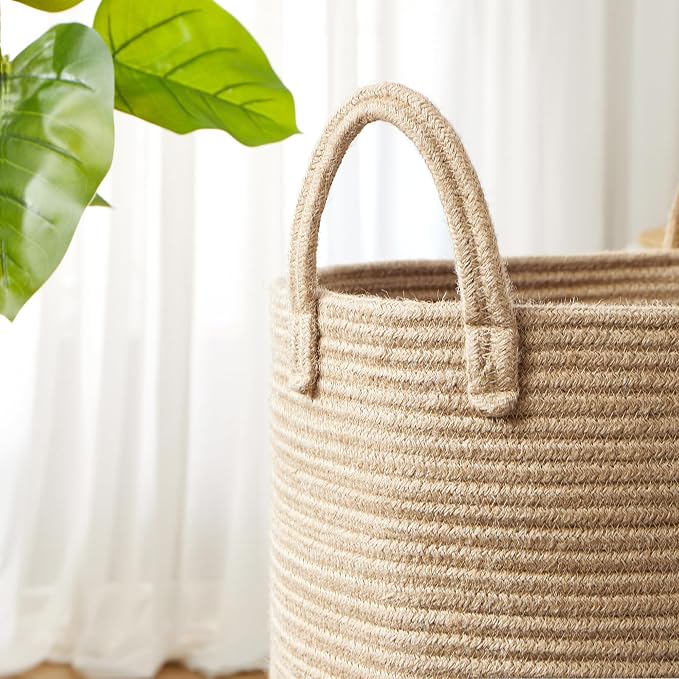 80L Large Jute Woven Laundry Hamper Tall Wicker Laudnry Basket | Rope Clothes Hamper Boho Blanket Basket in Living Room Bedroom 16"D x 22"H Extra Large