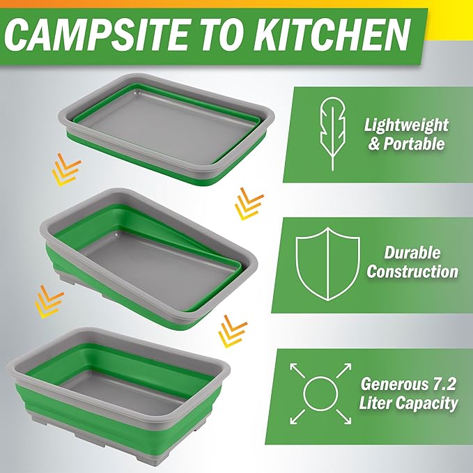 Collapsible Bucket for Cleaning 2-Pack - 7.27L Foldable Wash Bin Dish Tubs - Collapsible Wash Basin or Camping Sink Set for Beach, Tailgating or Soaking Laundry - Cleaning Supplies by Wakeman (Green)