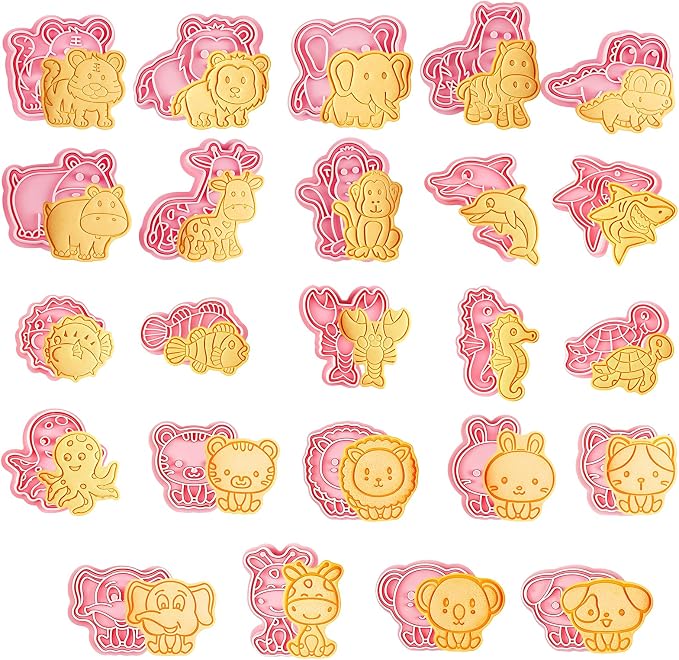 24 Pcs Animal Cookie Cutters with Plunger Stamps Set 3D Animals Lion Cookie Cutters Stamps Plastic Cookie Cutter Animal Cracker Cookie Cutters Cookie Stamps for Baking Supplies