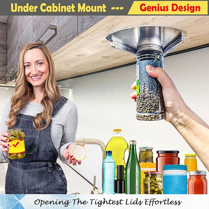 Upgraded Stainless Steel Jar Opener for Seniors, Under Cabinet Jar Openers for Weak Hands, Jar Lid & Bottle Cap Opener Tool, Under Counter Can Opener, One Handed Jar opener