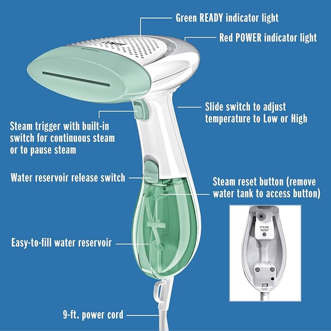 Conair Handheld Garment Steamer for Clothes, ExtremeSteam 1200W, Portable Handheld Design,White/Light Green