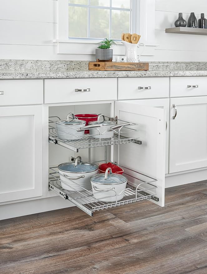 Rev-A-Shelf Pullout Organizer for Cabinets, Min Opening Width of 18" | STwo-Tier Steel Shelf for Kitchen or Vanity Cabinet Organization, Heavy Gauge Wire Slide Out Storage Basket, 5WB2-1822CR-1