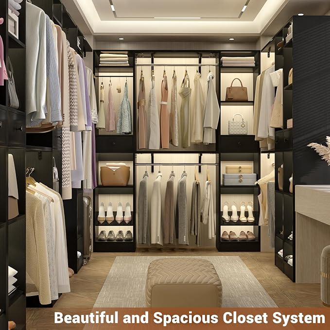 Unikito 58 - 90 Inch Closet System, Large Walk in Closet Organizer with 3 Hanging Rods and Shelves, Heavy Duty Wood Closets Wardrobe with 2 Drawers & Shoe Rack, Sturdy Reversible Clothing Rack, Black