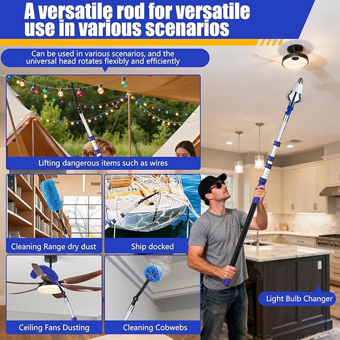 20FT Light Bulb Changer for High Ceilings Kit with Extension Pole Blue | Telescoping Lightbulb Changing Pole,Cobweb Brush Extendable Duster,Ceiling Fan Cleaner and Window Squeegee Cleaning