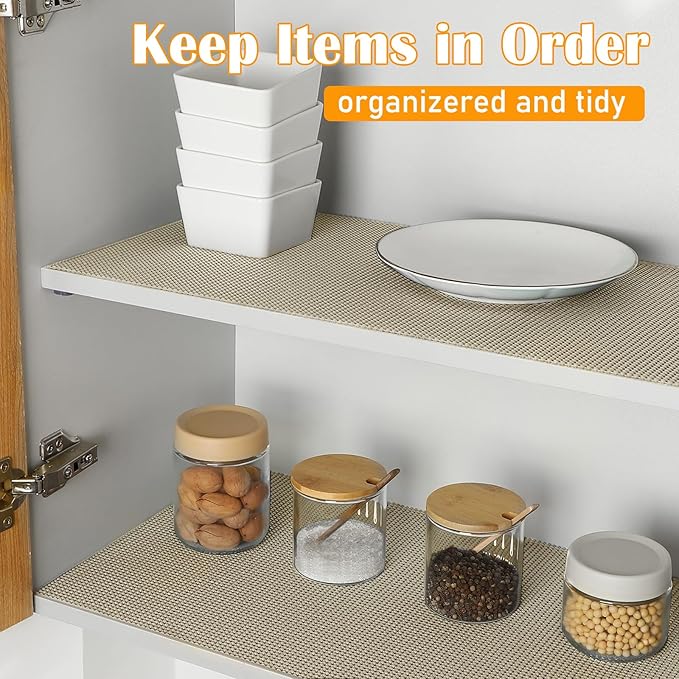 Songrey Non-Slip Shelf Cabinet and Drawer Liner, 17.5IN x 10FT, Beige | No Adhesive Residue, Strong Grip, Thick PVC Mat, for Kitchen Shelves, Bathroom Drawers, Home Essentials, Snip to Fit
