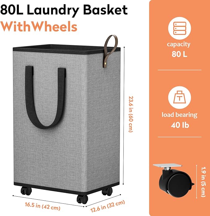 SpaceTrove Rolling Laundry Basket with Wheels, Laundry Hamper, 80L, Grey | Collapsible, 4 detachable wheels including 2 with brakes, sturdy handle, metal frame, for dorms, bathrooms and bedrooms