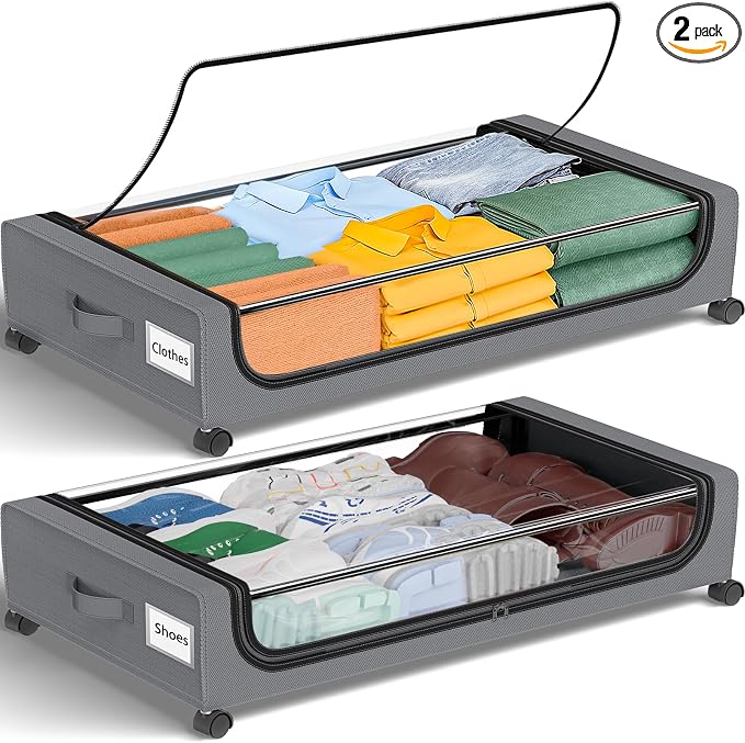 GoMaihe Under Bed Storage with Wheels: 48L Underbed Storage Containers with Lids - Rolling Bins for Shoes Clothes in Dorm Bedroom - Metal Drawers Easy Pull-out Grey 2-Pack