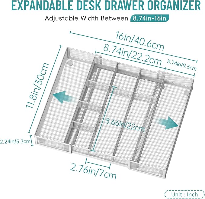 Expandable Desk Drawer Organizer, 10 Adjustable Compartments, White | Metal mesh drawer organizer tray with 5 removable dividers, expands from 8.74 to 16 in for office supplies, makeup or tools