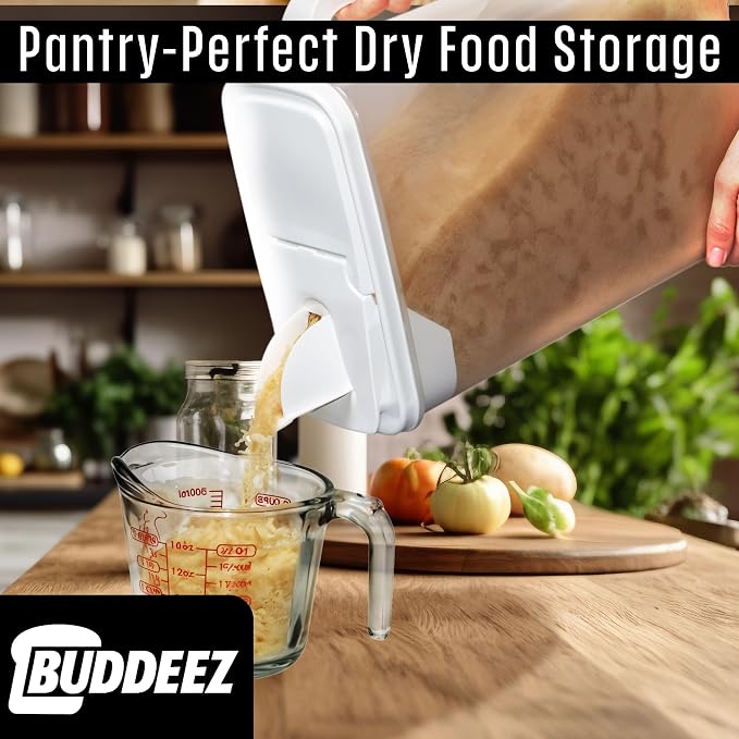 Buddeez Bulk Food Storage Container - 8 Quart All Purpose Clear & Large Pantry and Kitchen Organization and Storage - Cereal, Bird Seeds, Flour, Sugar, Rice Dispenser, EZ Grip Handle (White Lid)