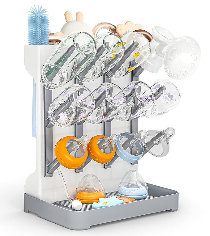 GoMaihe Baby Bottle Drying Rack: Space Saving Vertical Bottle Dryer Holder | Newborn Accessories Storage Stand Organize Brushes Pacifiers on Countertop - BPA-Free - Gray
