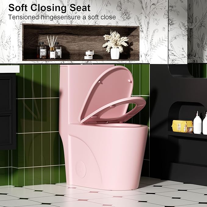 Dual Flush One Piece Toilets for Bathrooms, Compact Pink Toilet Elongated with Soft Closing Seat, Modern 12 Inch Rough in Toilet, 1.6 GPF & Map 1000g, Comfort Height, Silent Design (Pink+31H)
