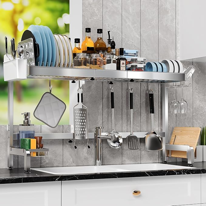 2 Tier Extra Large Over The Sink Dish Drying Rack, Expandable Stainless Steel Dish Drainer with Multifunctional Organizer, Space-Saving Above Sink Dish Rack with Large Capacity for Kitchen Counter