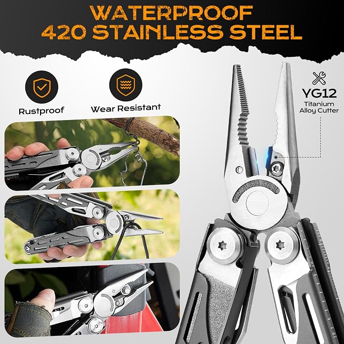 BIBURY 22-in-1 Titanium Plated Multitool Pliers with Scissors,Self-locking | Stainless Steel Foldable EDC Multi tools Pliers with Sheath for Outdoor Hunting Survival Camping Simple Repair