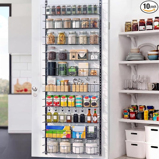ElegantArray 10-Tier Pantry Door Organizer, Black | Over The Door Rack, Hanging Spice Rack Shelves, Kitchen & Bathroom Storage, Home Office & Laundry Room
