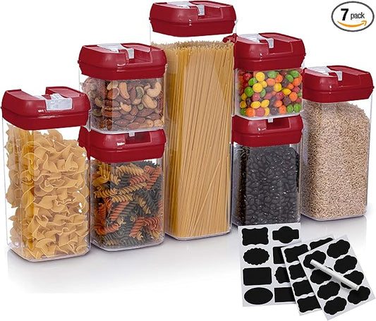 Set of 7 Airtight Food Storage Containers - Pantry Organizer Bins, BPA Free Plastic Containers plus Dry Erase Marker and Labels, Red