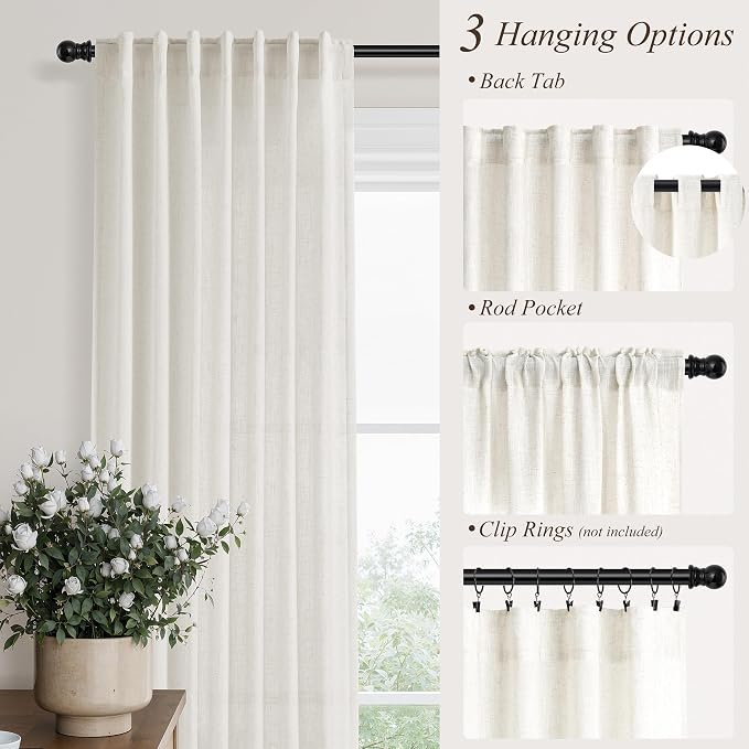 Hokibero Extra Wide 60 Inch Natural Linen Curtains 84 Inches Long 1 Panel | Light Filtering Sheer Curtain, Back Tab Pocket Pleated Look, Window Drapes for Living Room Patio Sliding Door, Boho Farmhouse