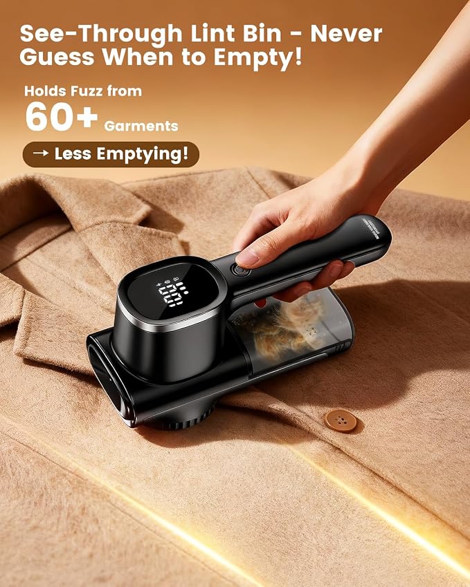 Home Large Lint Remover Fabric Shaver - Rechargeable with LED Display, 3D 6-Blade, 180min Runtime, Large Transparent Bin, Zero Damage for Clothes/Sofa/Bedding