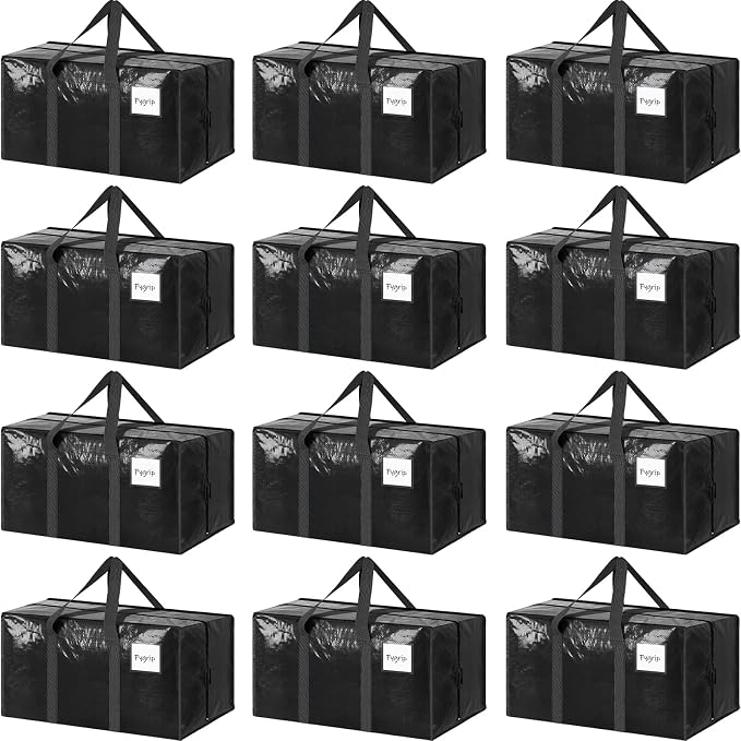 12 Pack Extra Heavy Duty Large Moving Bags with Strong Zipper & Comfortable Handles, Sturdy & Durable Clothes Storage Bags Totes Bins, Packing Moving Boxes for College Supplies, Black