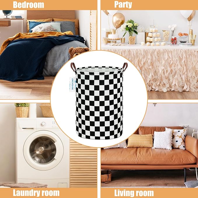 Round Laundry Basket Collapsible Boys Nursery Hamper Organizer Racing Flag | Waterproof Canvas Foldable Storage Bin Car Toy Bins Gift Baskets Bedroom Clothes for Home Play Bedroom Gift