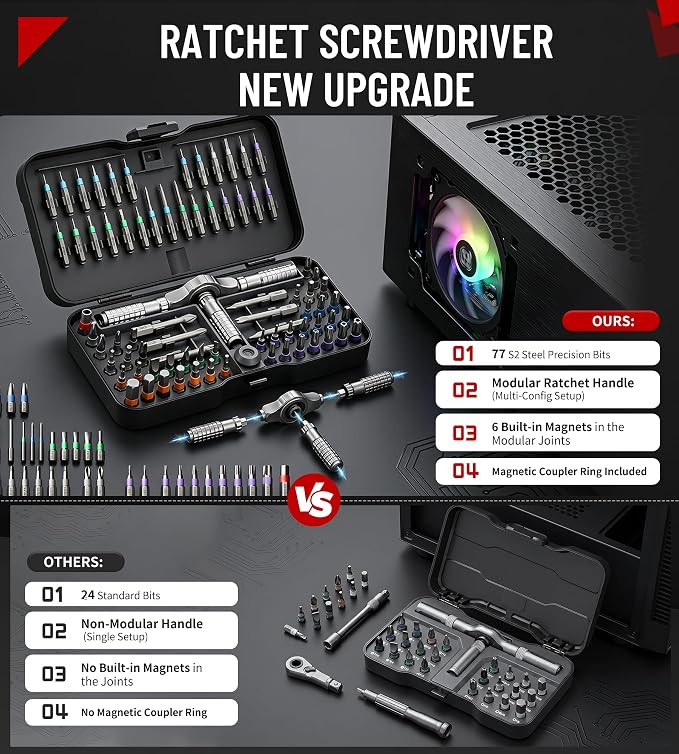 79 in 1 Precision Ratchet Screwdriver Set, Upgraded S2 Steel Tool Kit with Long Bits, Magnetic Electronics Repair Kit Compatible with Smartphones, Laptops, Gift for Men DIY Enthusiasts